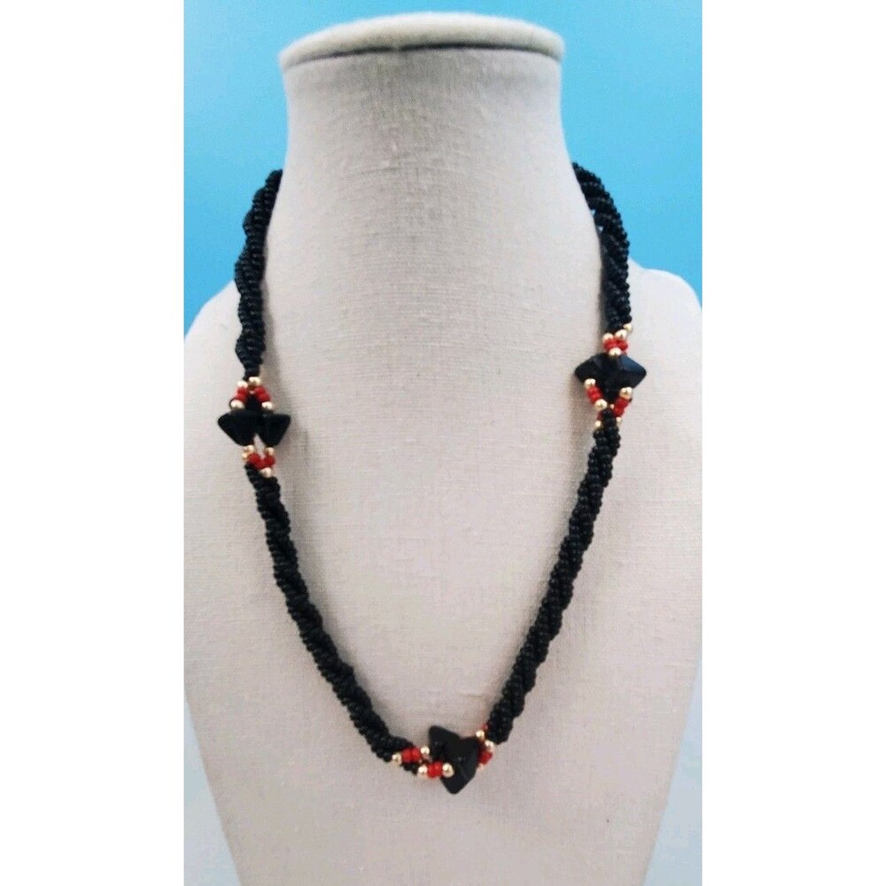 Vintage Woven Black Seed Bead Necklace Triangle Accents Red Gold Barrel Clasp